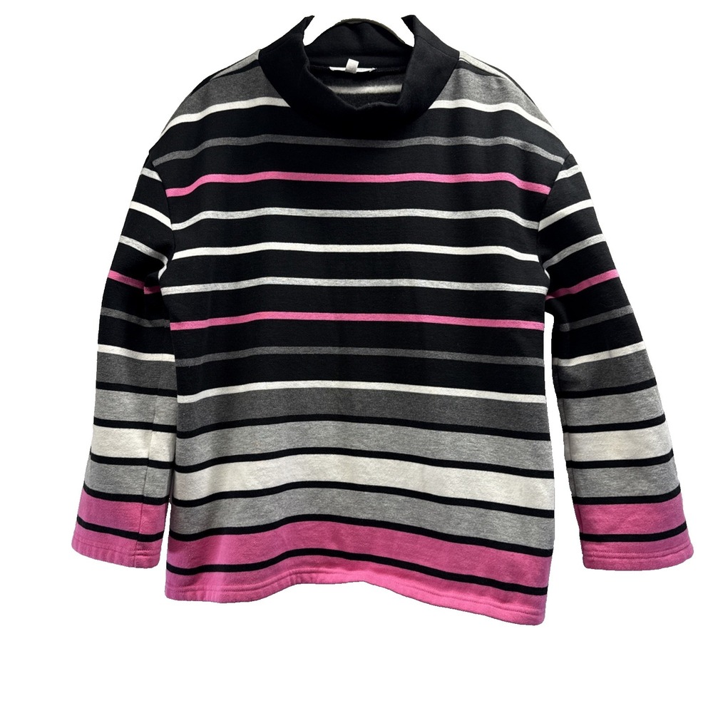 T by Talbots Women's Top Size M Petite Black Gray Pink Stripe Soft Pullover 3/4